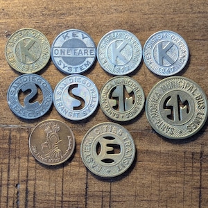 California Transit Token Lot Set of 10 Good For One Fare Key System Santa Monica Municipal Bus Lines San Diego Electric Railway