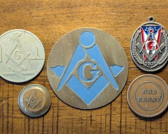Vintage Early 1900's Masonic Mason Coin Medal Key Fob Tag Pop Out Penny Token Lot of 5 One Penny Keystone Trowel All Seeing Eye Symbols