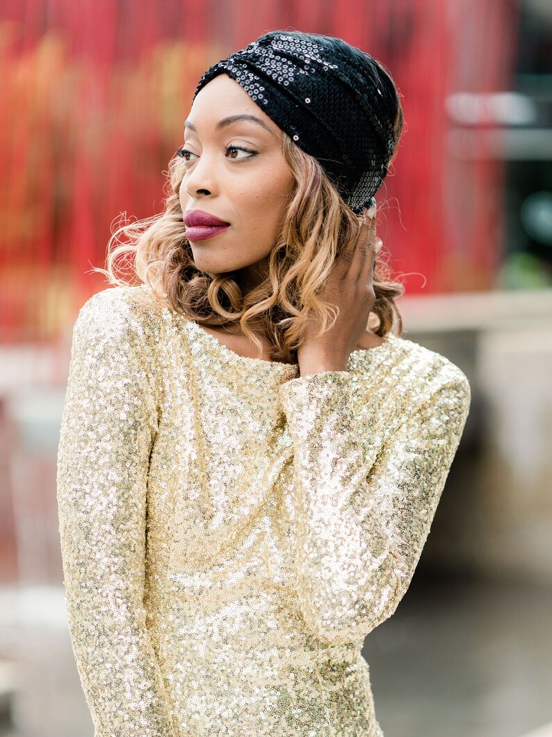 Hairstyle Hair Accessories Headscarf Black Sequin Half Wrap Headband Hair Scarf Hairstyles Turban Turban Head Wrap