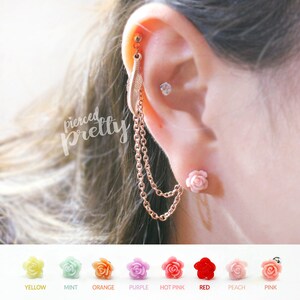 20g 16g Helix to lobe feather & Rose chain earring, Helix double chain earring, Ear cartilage chain jewelry, Mint Rose Gold, Stainless Steel