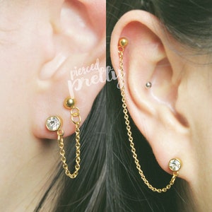 20g 16g Round CZ gold chain earring, Helix to lobe gold chain earring, Ear cartilage chain jewelry, 304 Stainless Steel Sold individually