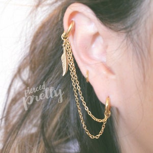 Feather helix to lobe double chain hoop earring 18g dangle chain earring, helix hoop earring ear cartilage chain jewelry 316l surgical steel