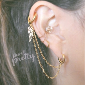 Wing helix to lobe double chain hoop earring, 18g dangle chain earring, helix hoop earring, ear cartilage chain jewelry, 316l Surgical steel