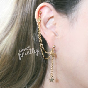 20g 16g Star dangle heligix to lobe double chain earring, Gold star helix ear stud, Two holes chain ear stud, 304 / 316l acero inoxidable, 1pc