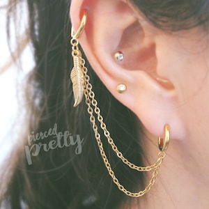 Helix to lobe feather hoop chain earring, helix double chain hoops, ear cartilage chain jewelry, Stainless Steel, Sold individually