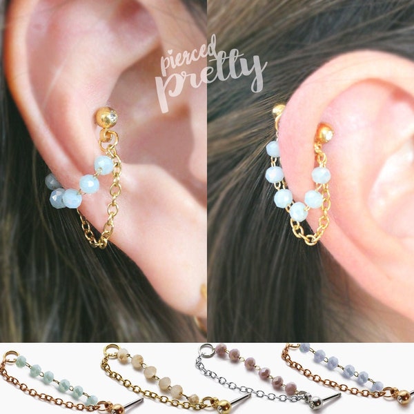 16g 20g Opal crystal  conch double chain earring Helix conch hoop earring ear cartilage chain dangle earring jewelry 316l surgical steel 1pc