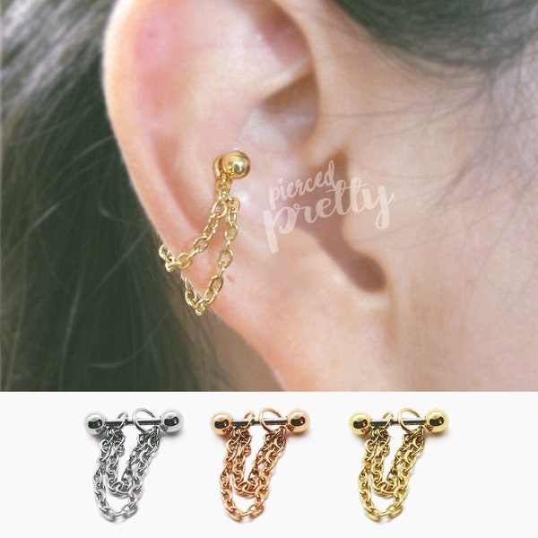 16g 14g Conch double chain earring, conch hoop earring, helix earring, ear cartilage chain rose gold earring 316l surgical Steel, 1pc