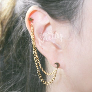 16g 1/4″ (6 mm) helix to lobe Moon star double chain earring, Two holes long double chain ear studs, gold, 304 / 316l stainless steel, 1pc
