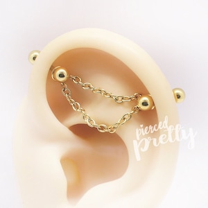 16g 14g Dainty double chain 2 studs industrial earrings, Rose gold Two hole chain ear studs, 2 studs chain earrings, 316l surgical Steel