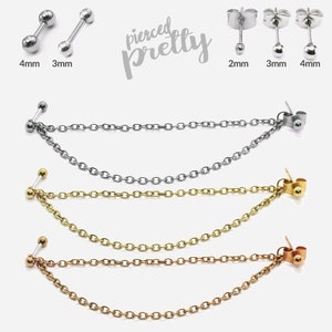 20g 16g helix to lobe long double chain earring, Ear cartilage piercing chain jewelry, 2mm ear studs, rose gold studs, 316l surgical steel