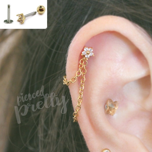 16g Dainty Flower helix double chain ear stud, Flat back chain hoop cartilage piercing earring 316l surgical steel, Labret bar(optional) 1pc
