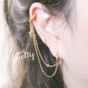 Lightning Bolt helix to lobe double chain hoop earring, 18g ear cartilage piercing chain jewelry, 316 surgical steel