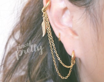 Feather helix to lobe double chain hoop earring 18g dangle chain earring, helix hoop earring ear cartilage chain jewelry 316l surgical steel