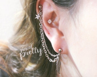 20g 16g Blume Feder Helix zu Lobe Kette Ohrring baumeln Helix Kette Ohrring Ohr Knorpel Piercing Kette Schmuck 304/ Edelstahl 316l