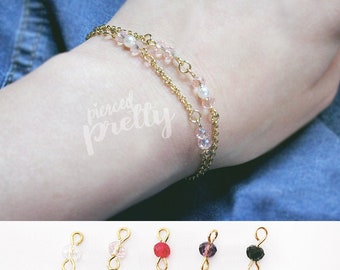 Handmade Dainty Beads Bracelet, Double Chain Bracelet, Dual Chain Bracelet, Custom length Bracelet, Gold 304 stainless steel