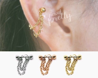 16g 14g Conch double chain earring, conch hoop earring, helix earring, ear cartilage chain rose gold earring 316l surgical Steel, 1pc
