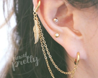 Helix to lobe feather hoop chain earring, helix double chain hoops, ear cartilage chain jewelry, Stainless Steel, Sold individually