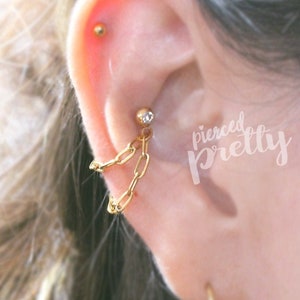 16g Conch rectangle double chain earring, conch hoop earring, helix earring, ear cartilage chain rose gold earring, 316l surgical Steel, 1pc