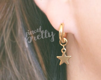 18g 316L Surgical steel star hoops, silver, gold, hypoallergenic earrings jewelry, Star Dangle hoops,  Sold in pairs