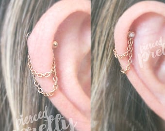 20g, 16g Dainty thin double chain helix ear hoop Flat back chain cartilage earring 316l surgical steel Rose gold conch, labret bar, 1pc