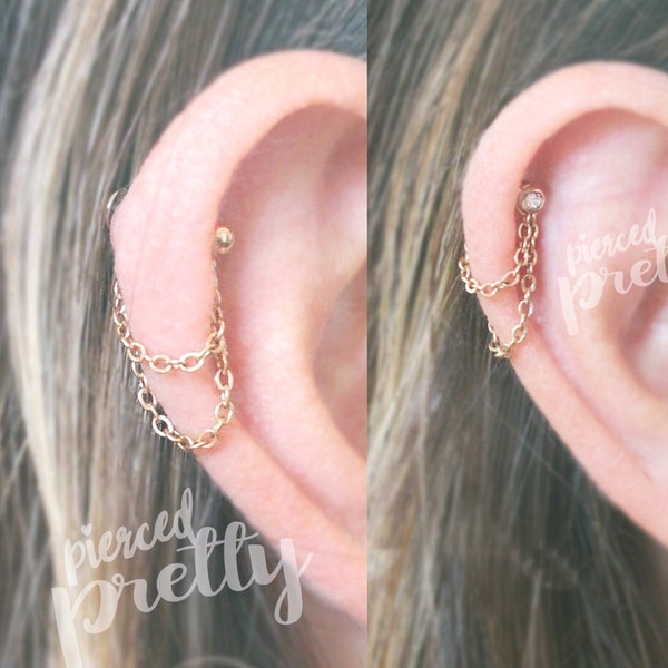 20g, 16g Dainty thin double chain helix ear hoop Flat back chain cartilage earring 316l surgical steel Rose gold conch, labret bar, 1pc