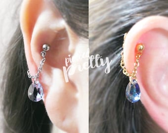 16g 20g Teardrop crystal  conch chain earring, Helix conch hoop earring, ear cartilage chain dangle earring jewelry 304 Stainless Steel, 1pc