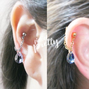 16g 20g Teardrop crystal  conch chain earring, Helix conch hoop earring, ear cartilage chain dangle earring jewelry 304 Stainless Steel, 1pc