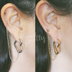 18g 16g Helix to lobe heart hoop chain earring, helix hoop chain earring, ear cartilage chain jewelry Kpop Style heart hoops Stainless Steel