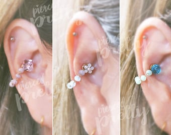 16g Cube Sphere Flower Opal Conch chain earring, Dainty conch hoop earring, helix earring, ear cartilage chain dangle earring jewelry, 1pc