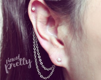 20g Pearl helix to lobe chain earring, Dangle chain earring, helix earring, ear cartilage piercing chain jewelry, 316l surgical steel