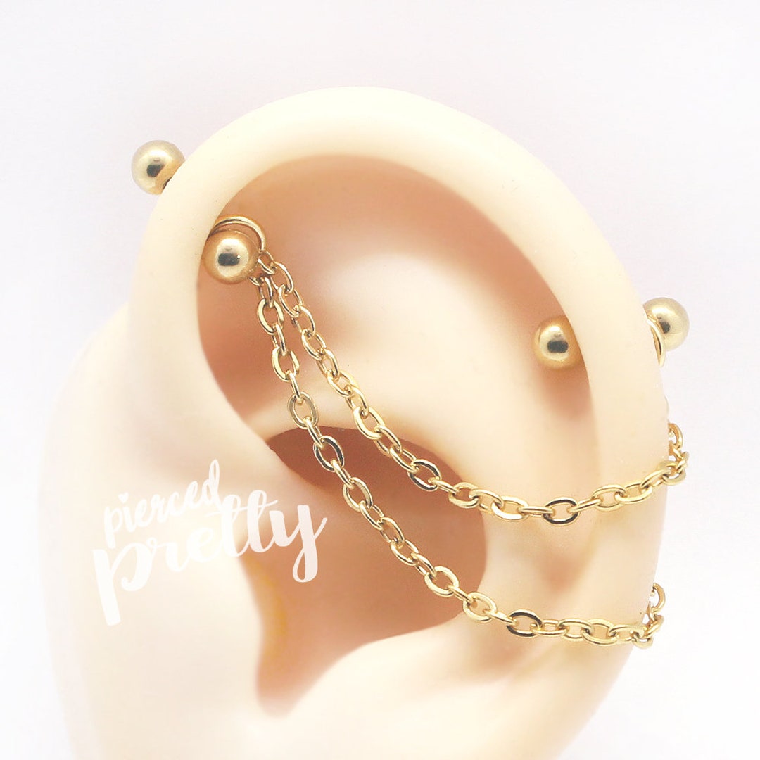 16g 14g Industrial Double Chain 2 Studs Earrings, Rose Gold Two Hole