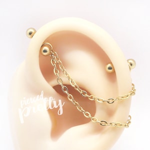 16g 14g industrial double chain 2 studs earrings, Rose gold Two hole chain ear studs, Comfortable 2 studs chain earring, 316l surgical Steel