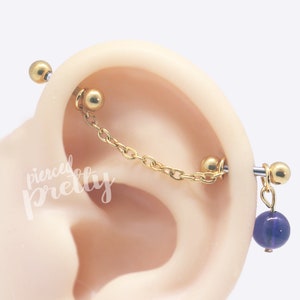 16g 14g Natural purple amethyst two studs chain industrial earring, 316l surgical steel, Rose Gold, 2 bars Comfortable industrial piercing