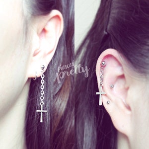 Cross chain earring, helix earring, 20g 16g ear cartilage chain jewelry, Stainless Steel, KPOP Style Men earrings, Men piercing jewelry, 1pc