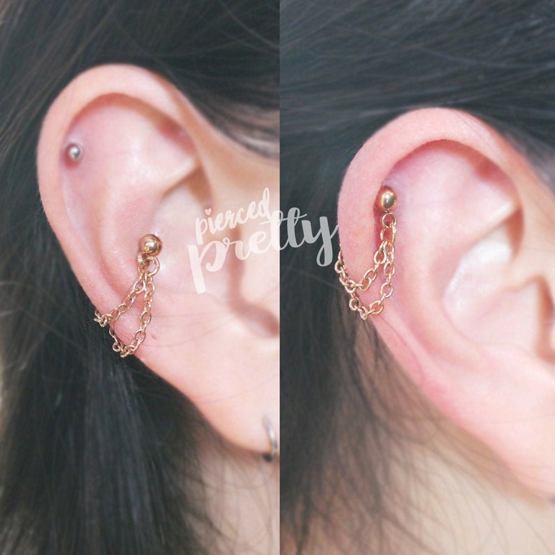 16g Conch double chain earring, conch hoop earring, helix earring, ear cartilage chain rose gold earring 316l surgical Steel Sold as a piece image 1