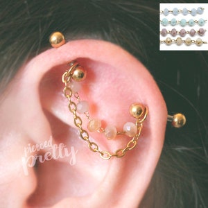 16g 14g Opal industrial double chain 2 studs earrings Rose gold Two hole chain ear studs, Comfortable 2 studs  earrings, 316l surgical Steel