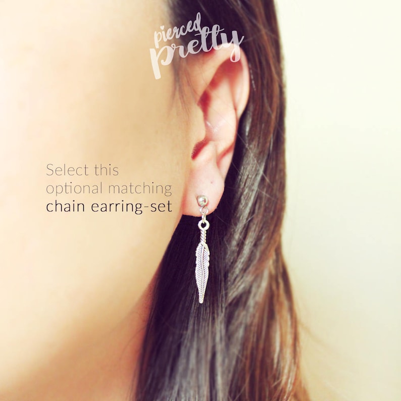 20g 16g Leaf Feather helix to lobe chain earring, Double chain helix earring ear cartilage piercing chain jewelry image 7