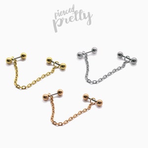 16g 14g industrial chain 2 studs earrings, Rose gold Two hole chain ear studs, Comfortable 2 studs chain earrings, 316l surgical Steel image 2