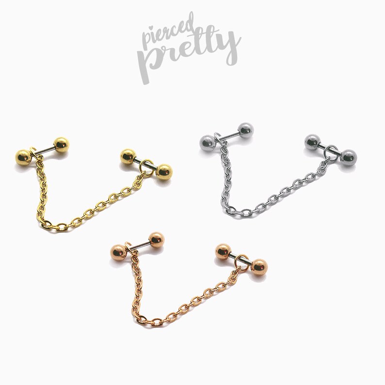 16g 14g industrial chain 2 studs earrings, Rose gold Two hole chain ear studs, Comfortable 2 studs chain earrings, 316l surgical Steel image 2