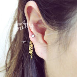 Three chain dangle earrings, chain dangle earrings, pearl, CZ, bar earrings, unique earrings, stainless steel, 20g cartilage gold earrings