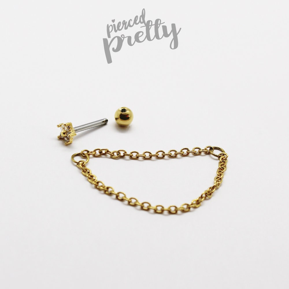 16g Dainty Flower helix double chain ear stud, Flat back chain hoop cartilage piercing earring 316l surgical steel, Labret bar(optional) 1pc