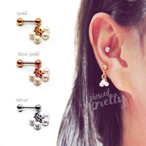 20g, 16g Pearl dangle cartilage earring, Rose Gold helix earring, Dainty tragus ear stud labret, 316l surgical stainless steel Sold as piece