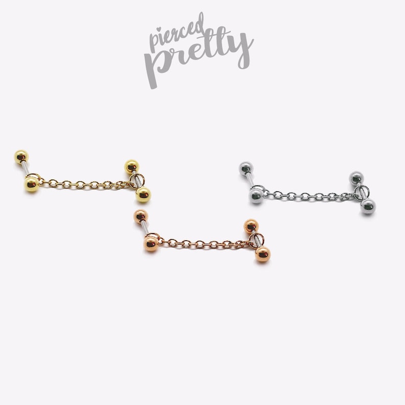 16g 14g industrial chain 2 studs earrings, Rose gold Two hole chain ear studs, Comfortable 2 studs chain earrings, 316l surgical Steel image 2