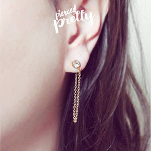 CZ stud chain earrings, 20g dangle lobe chain earrings, ear cartilage piercing chain jewelry, 304 stainless steel, Sold as a pair
