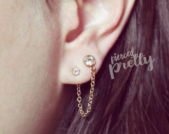 CZ stud chain earring, 20g dangle lobe chain earring, ear cartilage piercing chain jewelry, 316l / 304 stainless steel