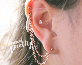 20g 16g Helix zu Lobe Feder Kette Ohrring, Helix Doppel Kette Ohrring, Ohr Knorpel Kette Schmuck, Roségold 304 / 316l Edelstahl