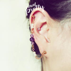 20g 16g Helix to lobe natural purple amethyst chain earring, pearl helix double chain earring, 316l Stainless Steel, Sold individually