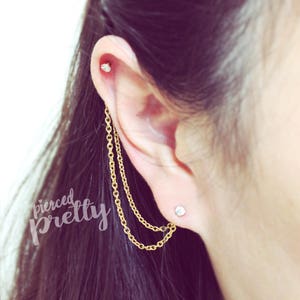 20g CZ prong helix to lobe chain earring, Dangle chain earring, helix earring, Gold, Rose Gold cartilage chain jewelry, 316L stainless steel