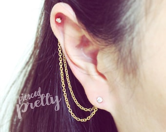 20g CZ prong helix to lobe chain earring, Dangle chain earring, helix earring, Gold, Rose Gold cartilage chain jewelry, 316L stainless steel