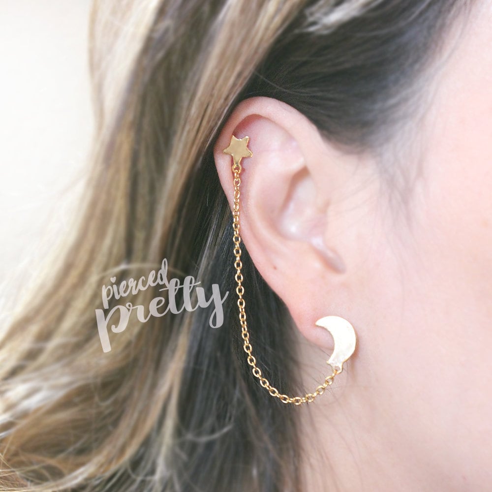 BodyJewelryOnline Doppio Orecchino Con Catena Per Lobo E Cartilagine - 22G (0,7 Mm), Acciaio Inossidabile, Stella Bianca